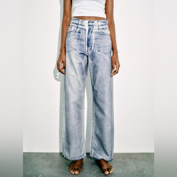 NEW ZARA WOMAN TRE MID WAIST LOOSE FOIL JEANS BLUE WITH WHITE 26 (US 2) - Picture 2 of 10